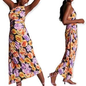 Anthro Geisha Designs One-Shoulder Floral Midi Dress Pleated Orange Medium New